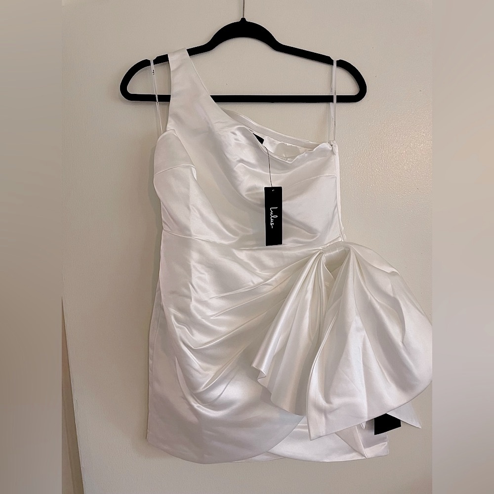 Lulu’s All About Her White Satin One-Shoulder Bow Mini Dress